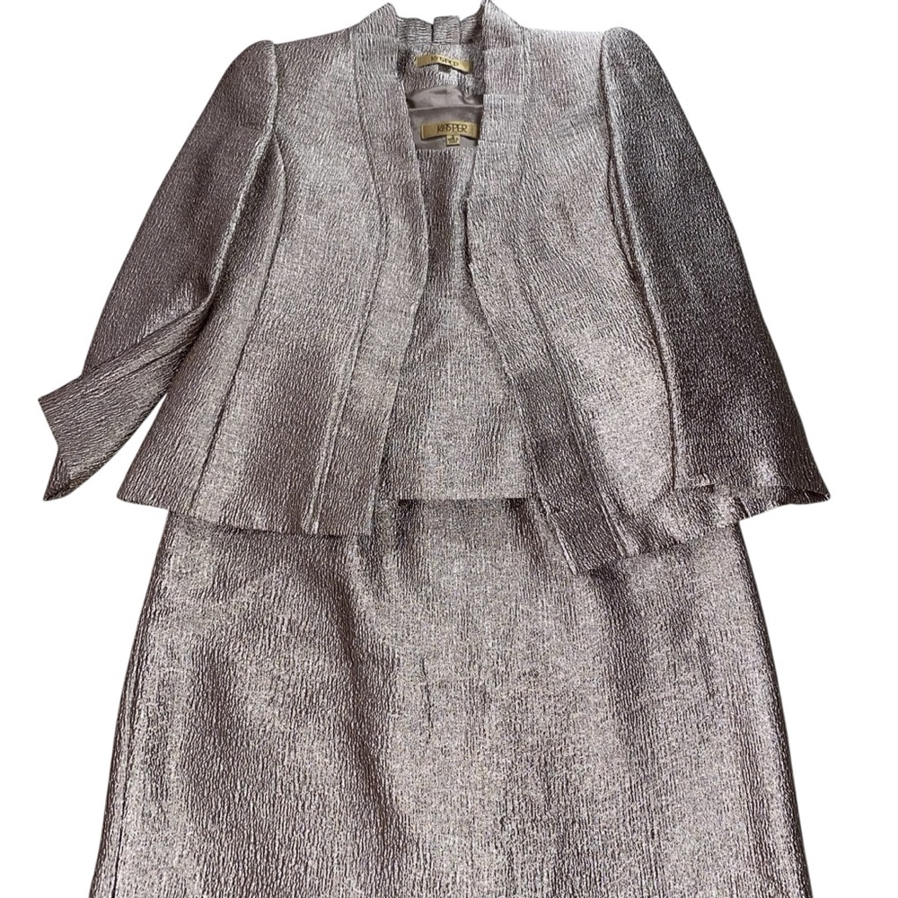Kasper Women's 3 Piece Gold Metallic Blend Skirt Top Blazer Suit Business Size 2